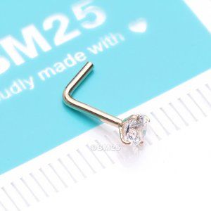 14 Karat Gold Prong Set Gem Top L-Shaped Nose Ring